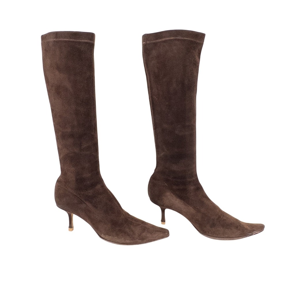 Jimmy Choo Stevie Boots Brown Suede Stiletto Pointed Toe Knee High IT 37 US 7